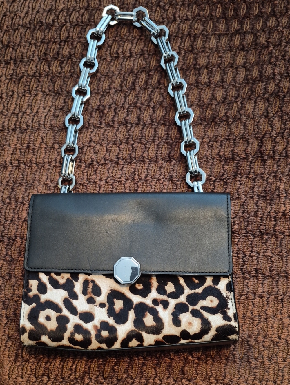 Louise Et Cie Animal Print Chain Shoulder Bag in Black & Brown